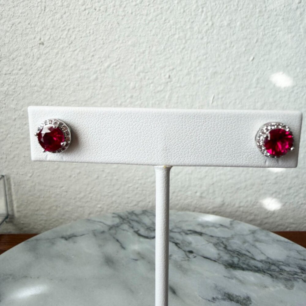 NEW 2.06ctw Lab Created Ruby & Lab Created Sapphire Sterling Halo Stud Earrings - Picture 10 of 14